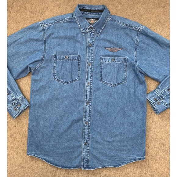 Harley-Davidson Shirt Mens L Denim Long Sleeve Spellout Button Down Motorcycles - Picture 1 of 7